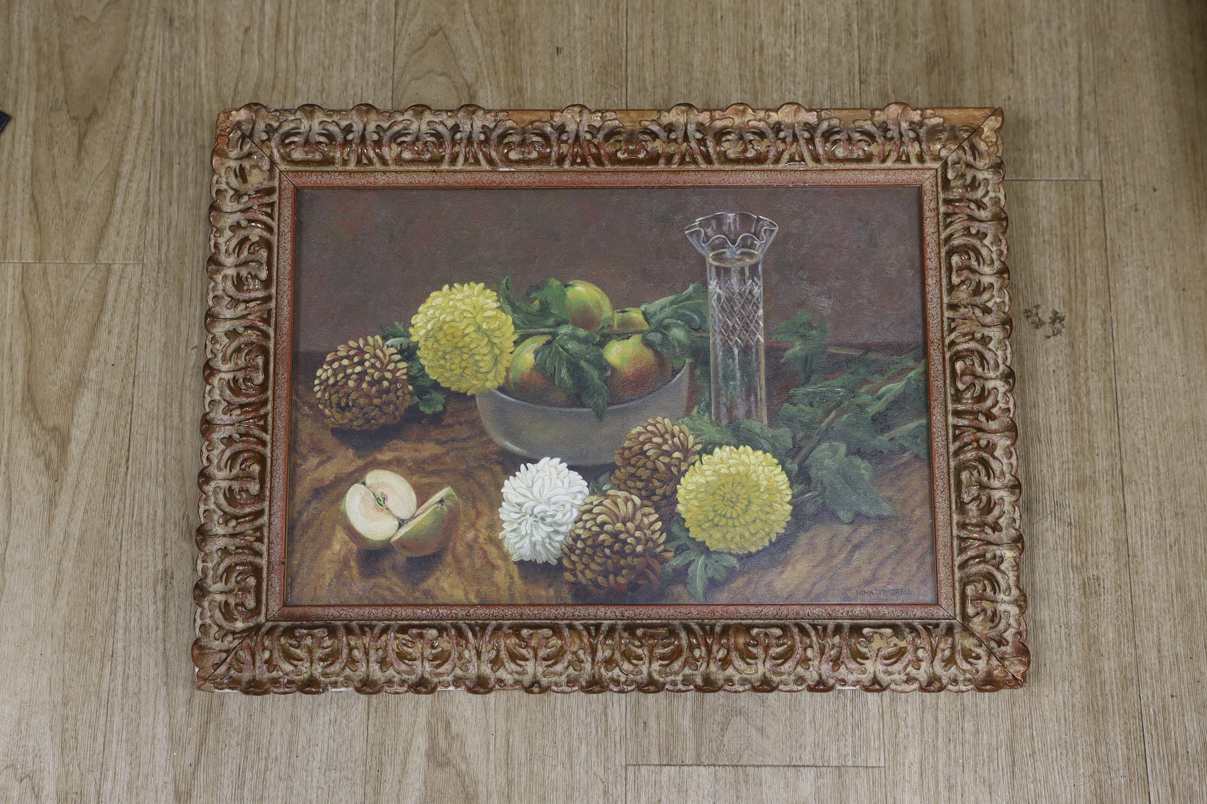 Nina Timbrell (20th. C) oil on canvas, Still life fruit and flowers, signed, 30 x 45cm